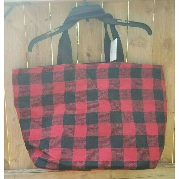 Jumbo Sz Tote Over Night Bag Black & Red Buffalo Plaid Jumbo Furry Country - Picture 4 of 7